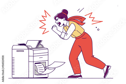 Office Frustration: A woman displays anger at a faulty office machine, expressing the common workplace emotion of stress.