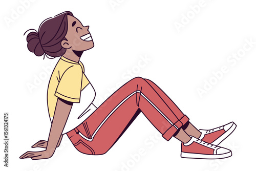 Serene Solitude: A woman sits relaxed, basking in contentment with a genuine smile, with a warm sunlight