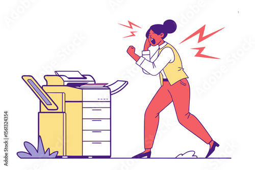 Workplace frustration: Depicting the common office frustration of a person facing a malfunctioning copier. Evokes relatable experiences and the pressures of modern work environments.