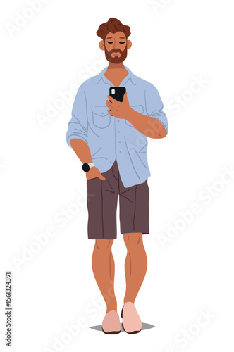 Young man using smartphone, communication concept, social media, gadgets. Bearded man communicating via video call, modern character in shorts and shirt. Flat vector illustration isolated on white