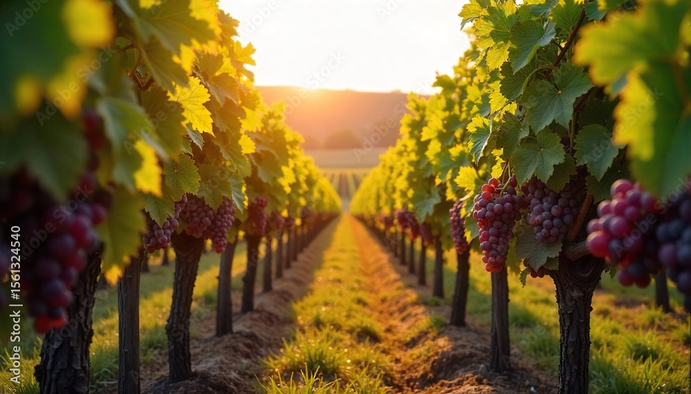 Naklejka premium Sun-Drenched Autumn Vineyard Ripe Grapes Hanging Heavy on the Vine, Ready for Harvest. Lush Foliage and Golden Sunlight Create a Stunning Scene.