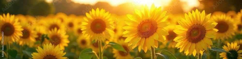 Fototapeta premium Golden Hour Sunflowers Vibrant Field of Yellow Blossoms Basking in Summer Sunlight, Evoking Joy and Abundance