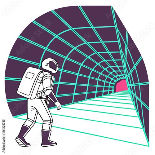 Illustration of an astronaut walking through a retro style neon grid tunnel with a pink light at the end