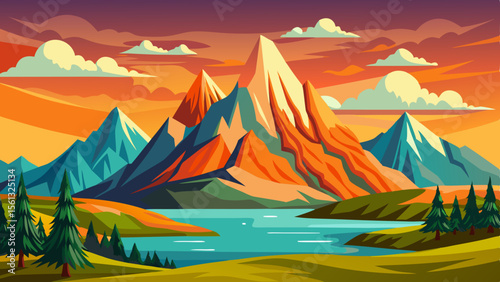 Vibrant stylized mountain range with a serene lake and dramatic sunset sky in a flat design illustration