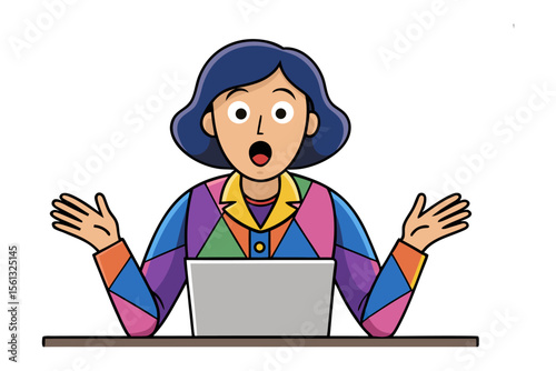 Digital Astonishment: A digital illustration captures a woman's surprised expression in front of her laptop, her hands outstretched, in a striking portrayal of wonder and shock.