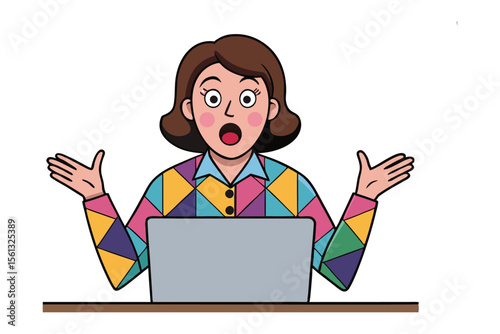 Surprised Woman with a Laptop: A shocked woman sits at a table, her eyes wide, hands raised in surprise, and mouth agape as she stares at her laptop. Expressing her surprise at what she see.