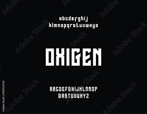 A stylized font design with the word "OXIGEN" in large, bold, geometric uppercase letters, displayed between lowercase and uppercase alphabets.