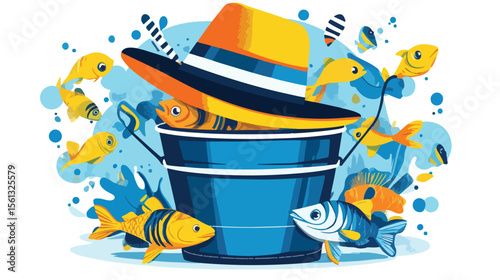 Fishing Equipment Bucket with Fish and Hat