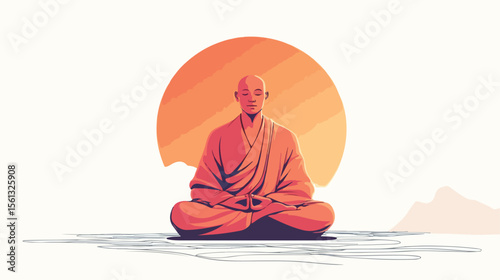 Buddhism Monk Meditating on Lotus Pose Flat Vector Illustration