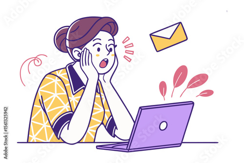 Surprised Woman at Laptop: A stylized illustration of a woman looking surprised at her laptop, with an email notification. The image evokes a feeling of unexpected news or exciting developments.