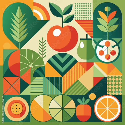 Abstract geometric pattern of farm food. Stylized poster with fruit and vegetables. Agriculture plants in cubism style. Contemporary art of healthy, natural, organic products. Flat vector illustration