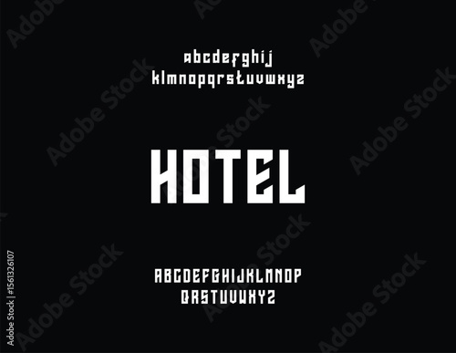 Modern geometric sans-serif typeface design showcasing uppercase and lowercase letters, ideal for signage, with "HOTEL" example.
