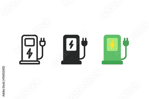 Simple electric vehicle charging station vector illustration with icons for design