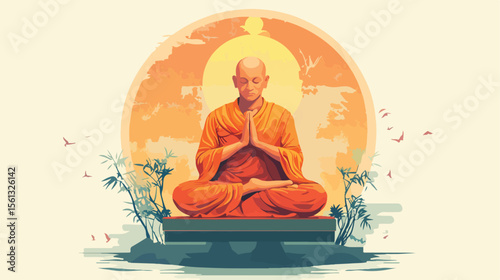 Buddhist Monk Prayer Flat Vector Illustration