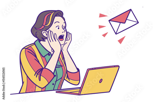 Surprised Woman Receiving Email: A woman sits at her laptop, hands covering her mouth in a surprised expression as an email notification appears.