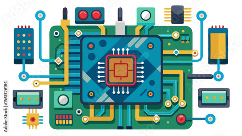 Abstract illustration of a central computer chip connected to various electronic components and circuits on a green motherboard