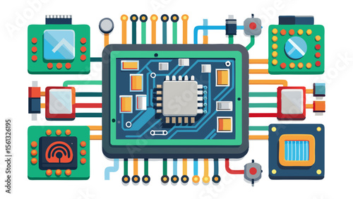 Modern electronic circuit board with central processor and connected components in a colorful flat design style