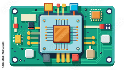Close up illustration of a modern electronic circuit board with a central processor chip and various components