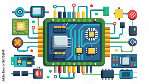 Stylized illustration of a complex electronic circuit board with various components and connections on a white background