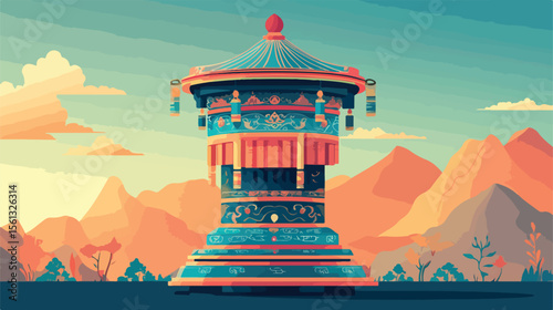 Buddhist Prayer Wheel Flat Vector Illustration