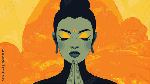 Serene Buddhist Woman Praying Portrait Illustration in Flat Vector Style
