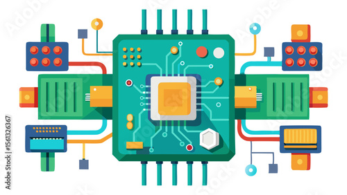 Abstract illustration of a central computer processor chip connected to various electronic components and circuits