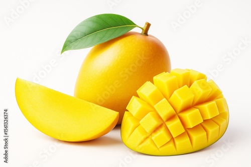Whole and sliced ripe mango with green leaf on white background, vibrant tropical fruit composition with creative food presentation style.