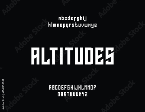 Graphic design featuring the word "ALTITUDES" in a bold, geometric typeface against a black background, with upper and lowercase alphabets displayed.