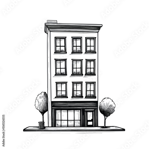 Urban Cartoon Building Vector Illustration in Black and White