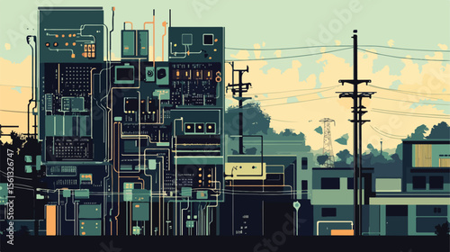 Modern Building Electronic System Silhouette Flat Vector Illustration