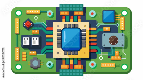 Flat design illustration of a modern electronic circuit board with a central blue processor and various components