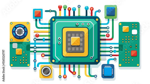 Abstract illustration of a central processor connected to various electronic components and circuits on a white background