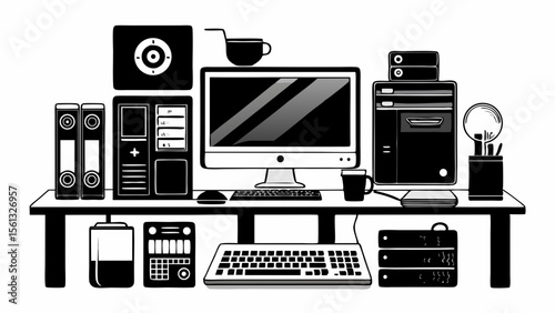 A black and white illustration of a desk setup with a computer keyboard files and office supplies