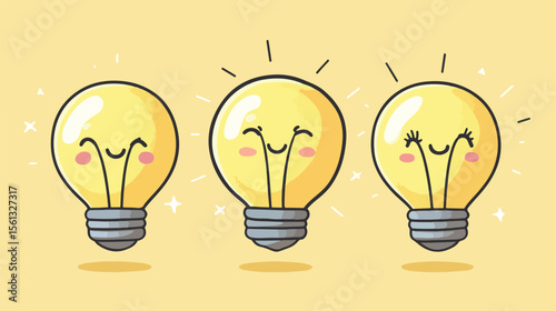 Cute Kawaii Style Flat Vector Illustration of Light Bulb