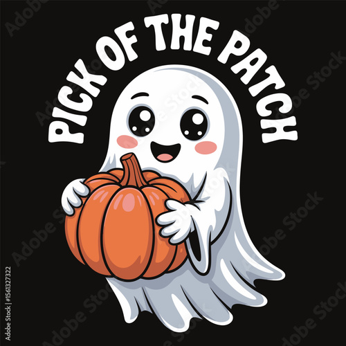 Ghost holding a pumpkin with text pick of the patch kawaii-style vector t-shirt isolated on a black background