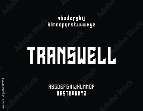 Modern, bold typeface "Transwell" displayed against a dark background, showcasing its unique design and complete alphabet set.