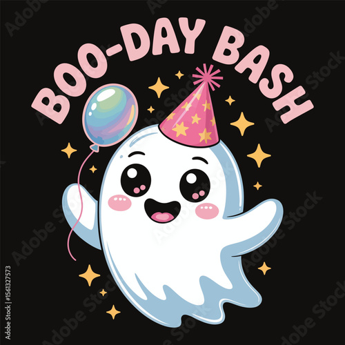 Ghost with a party hat and balloon and text boo-day bash kawaii-style vector t-shirt isolated on a black background