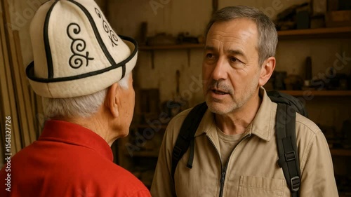 	A traveler speaks with a Kyrgyz elder wearing a Kalpak in a traditional workshop.