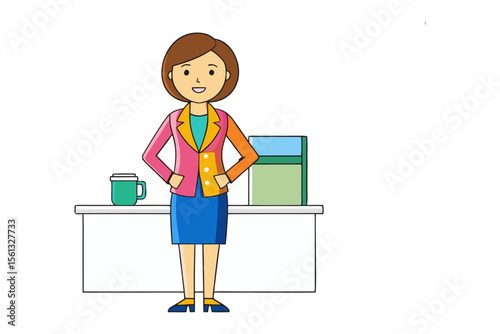 Smart Lady Standing at Desk: A confident businesswoman stands in her office, exuding professionalism and approachability.