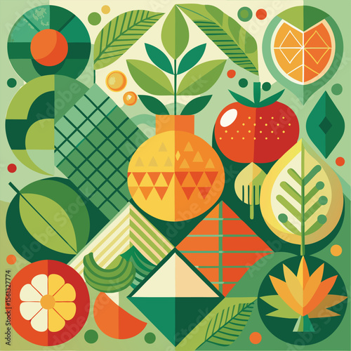 Abstract geometric pattern of farm food. Stylized poster with fruit and vegetables. Agriculture plants in cubism style. Contemporary art of healthy, natural, organic products. Flat vector illustration