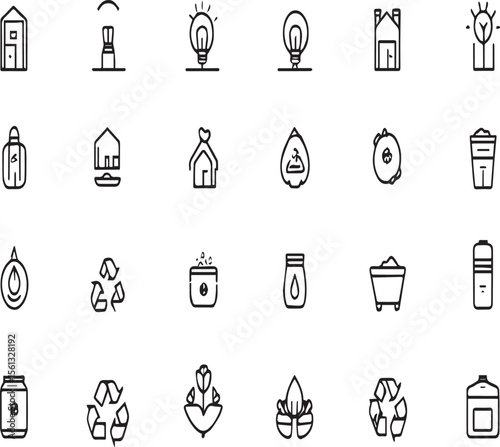 Collection of black and white line art icons related to recycling and sustainability themes