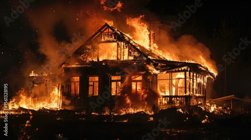 Fototapeta Naklejka Na Ścianę i Meble -  Burning house with flames and smoke at night