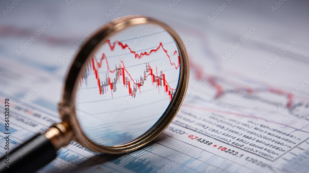 Fototapeta premium Declining stock market graph analyzed through magnifying glass