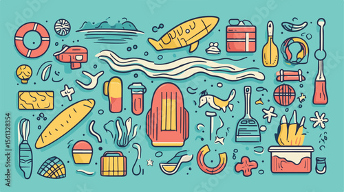 Bundle of Beach Set Icons - Flat Line and Fill Icons for Summer Vacation and Travel Concepts