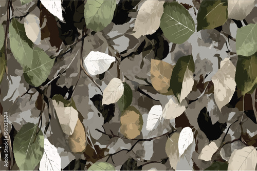 A seamless pattern of camouflage with birch leaves, creating an organic and natural look for hunting gear or outdoor designs