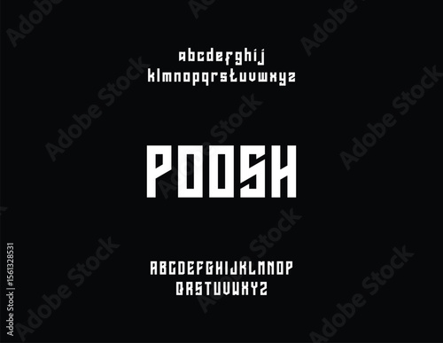 Graphic design of the word "POOSH" in bold, white, block letters, with accompanying alphabet.