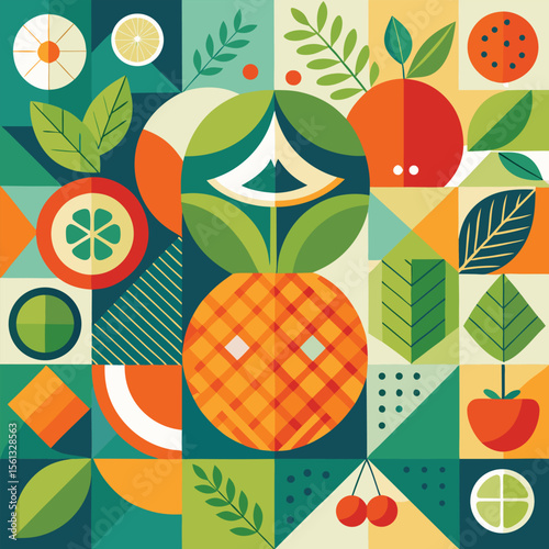 Abstract geometric pattern of farm food. Stylized poster with fruit and vegetables. Agriculture plants in cubism style. Contemporary art of healthy, natural, organic products. Flat vector illustration