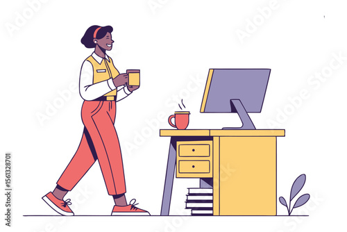 Workday Morning Stroll: An office worker strolls past a desk with a cup of coffee, a monitor, and books, beginning a productive day. This minimalist illustration captures the start of a workday.