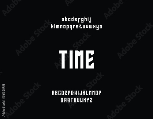 Graphic display of a stylized, blocky font, showcasing lowercase and uppercase letters, with the word "TIME" prominently featured.