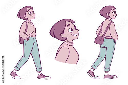 Character Study: Three-quarter length illustration of a young female character, showcasing different poses: forward-facing, profile, and three-quarter angle.